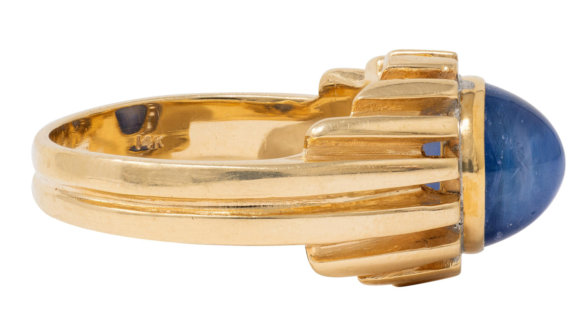 1980's 6.55 Carat Blue Sapphire 14 Karat Yellow Gold Vintage Grooved Unisex Ring