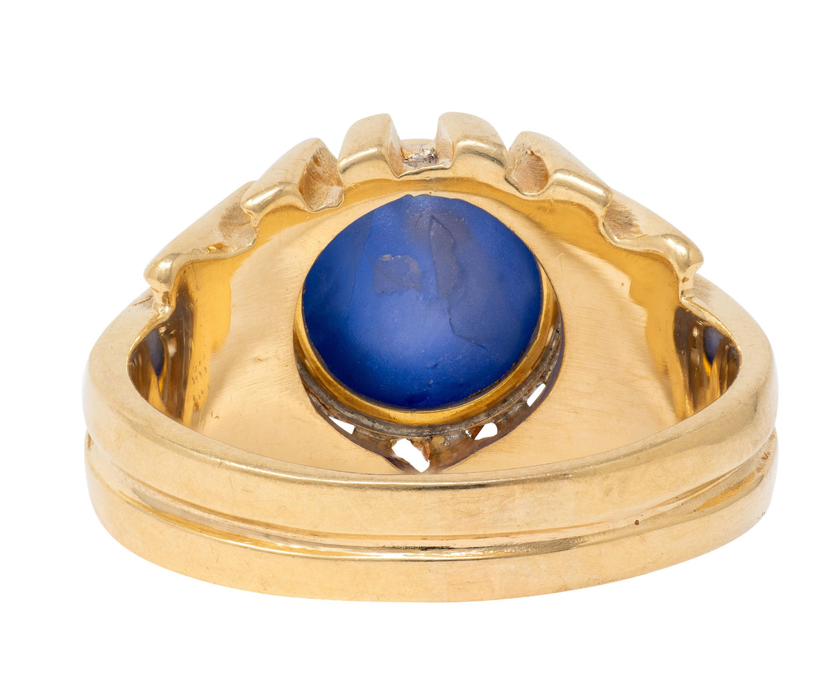 1980's 6.55 Carat Blue Sapphire 14 Karat Yellow Gold Vintage Grooved Unisex Ring