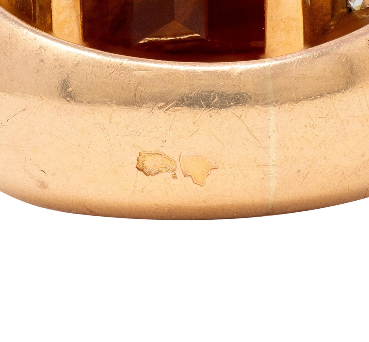 French 1939 Citrine Diamond 18 Karat Rose Gold Platinum Vintage Cocktail Ring