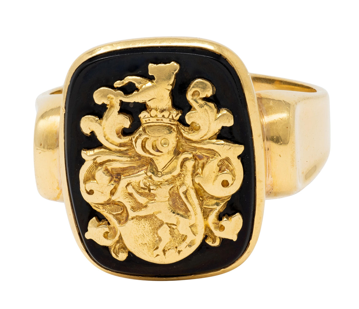 1970's Onyx 18 Karat Yellow Gold Vintage Heraldic Crest Unisex Signet Ring