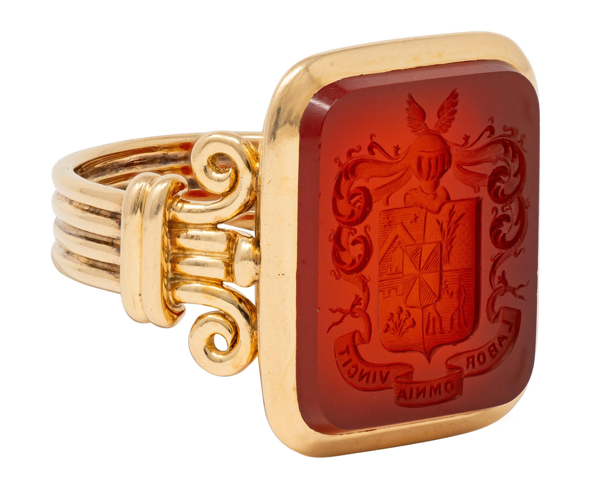 Victorian Carnelian 18K Gold Column Heraldic Crest Antique Intaglio Signet Ring