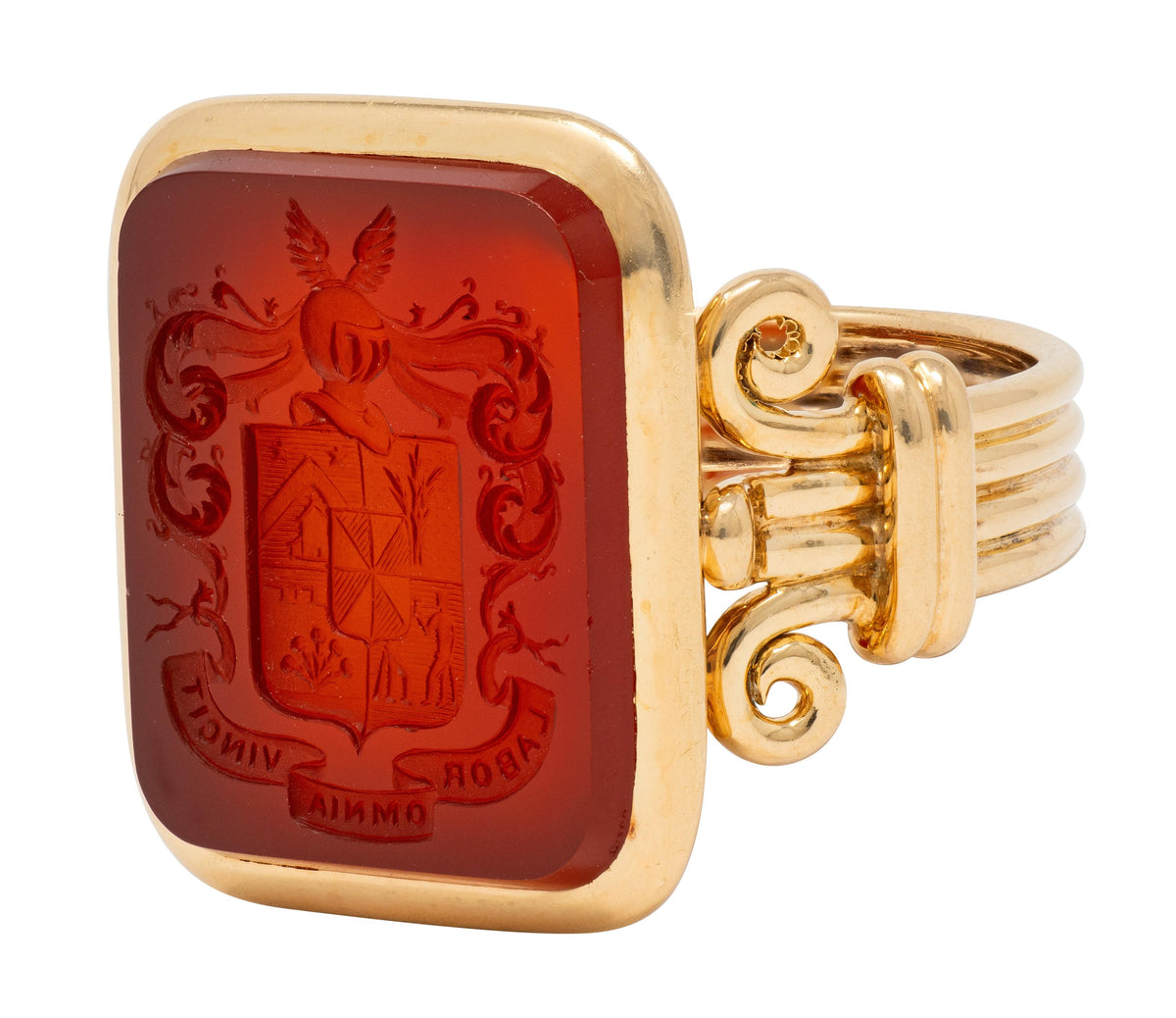 Victorian Carnelian 18K Gold Column Heraldic Crest Antique Intaglio Signet Ring