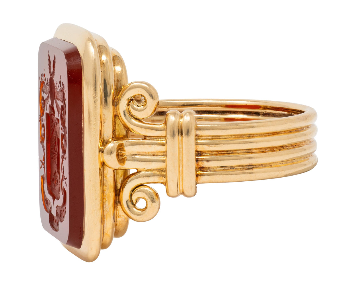 Victorian Carnelian 18K Gold Column Heraldic Crest Antique Intaglio Signet Ring