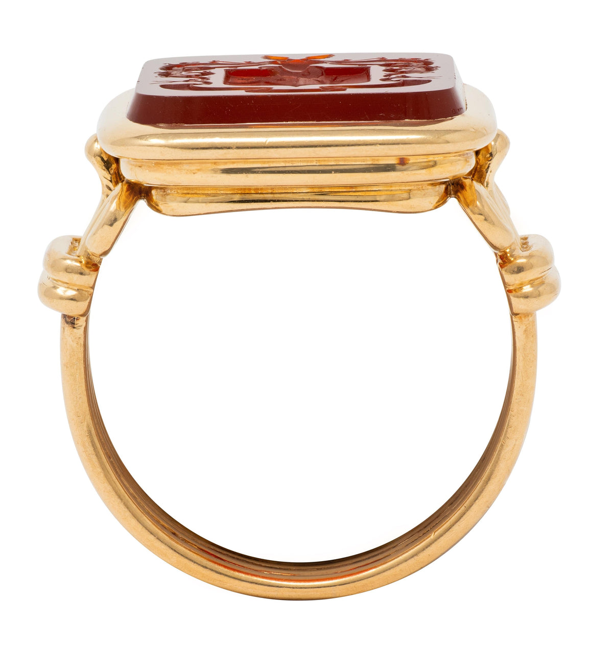 Victorian Carnelian 18K Gold Column Heraldic Crest Antique Intaglio Signet Ring