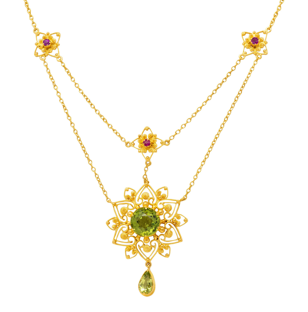 Victorian Peridot Ruby 14 Karat Yellow Gold Antique Starburst Swagged Necklace