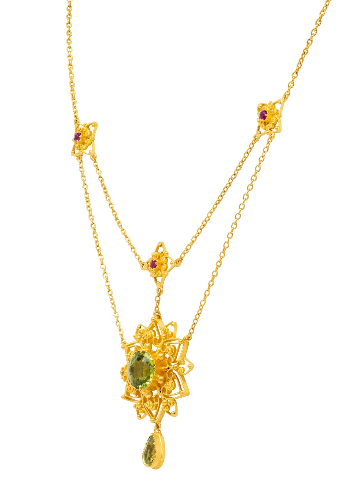 Victorian Peridot Ruby 14 Karat Yellow Gold Antique Starburst Swagged Necklace
