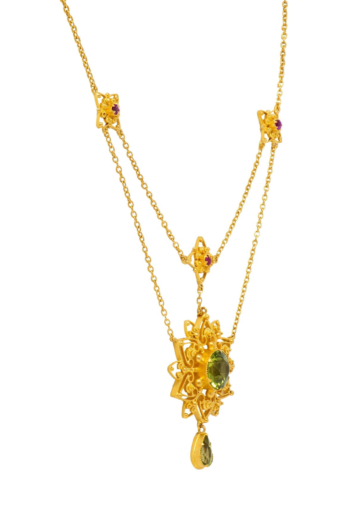Victorian Peridot Ruby 14 Karat Yellow Gold Antique Starburst Swagged Necklace