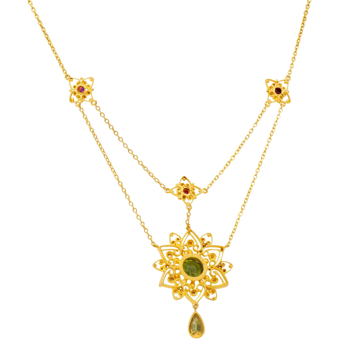 Victorian Peridot Ruby 14 Karat Yellow Gold Antique Starburst Swagged Necklace