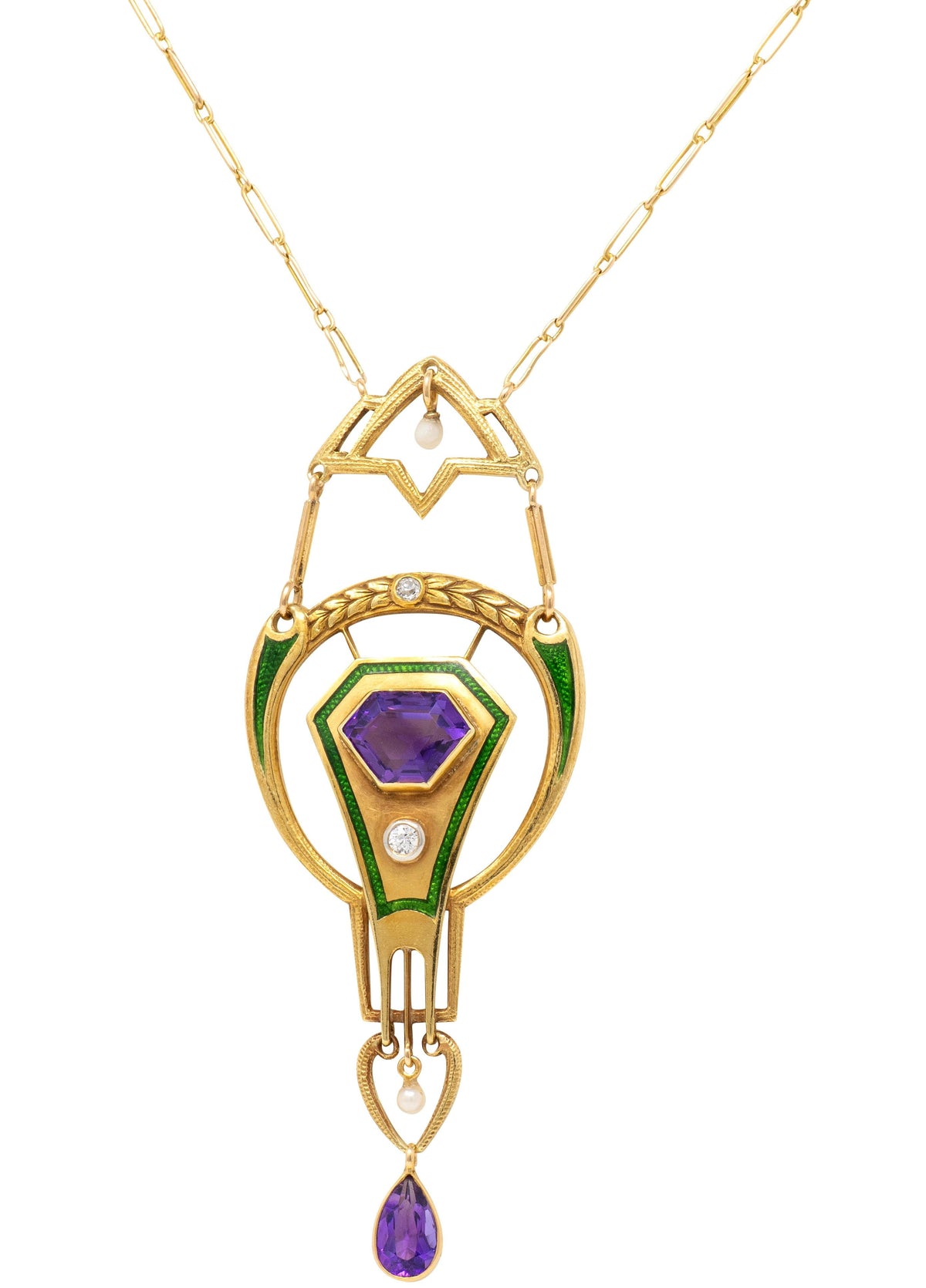 Art Nouveau Amethyst Diamond Pearl Enamel 14K Gold Antique Suffragette Necklace