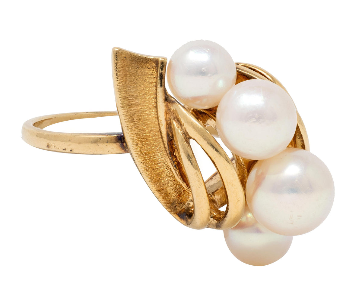 Mikimoto Retro Pearl 14 Karat Yellow Gold Vintage Modernist Ribbon Ring