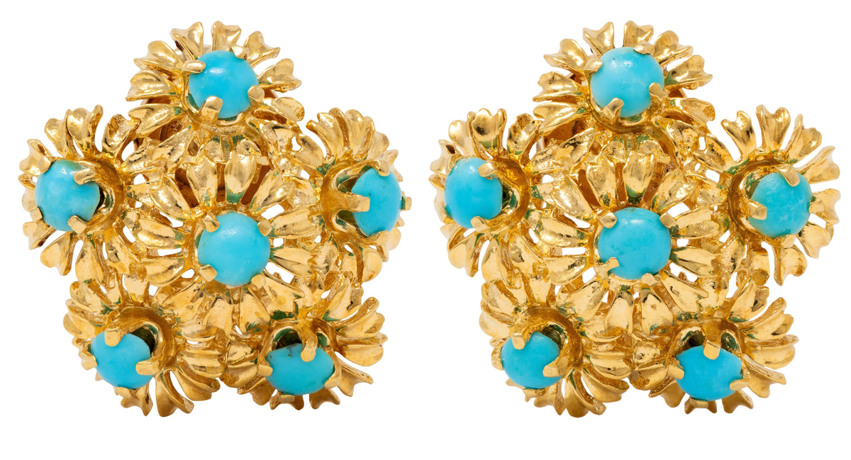 Tiffany & Co. 1960 Turquoise 18K Gold Vintage Flower Cluster Screw-Back Earrings