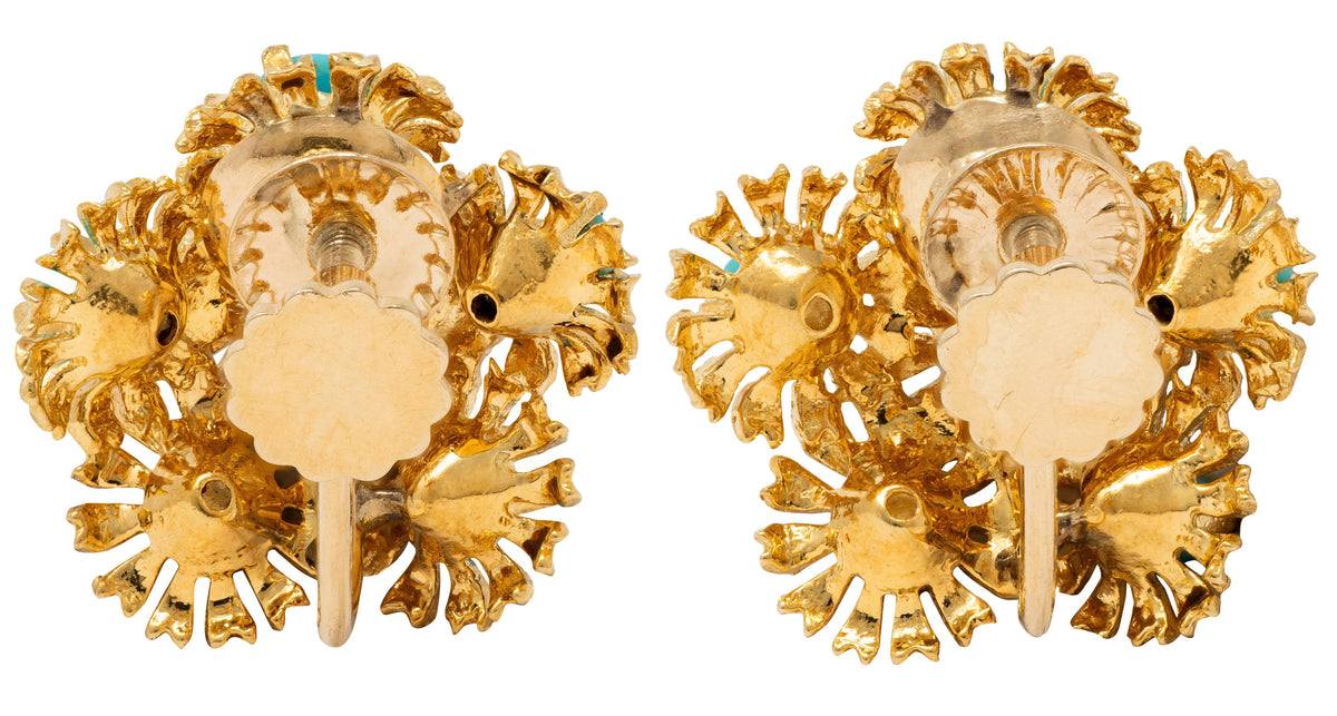 Tiffany & Co. 1960 Turquoise 18K Gold Vintage Flower Cluster Screw-Back Earrings