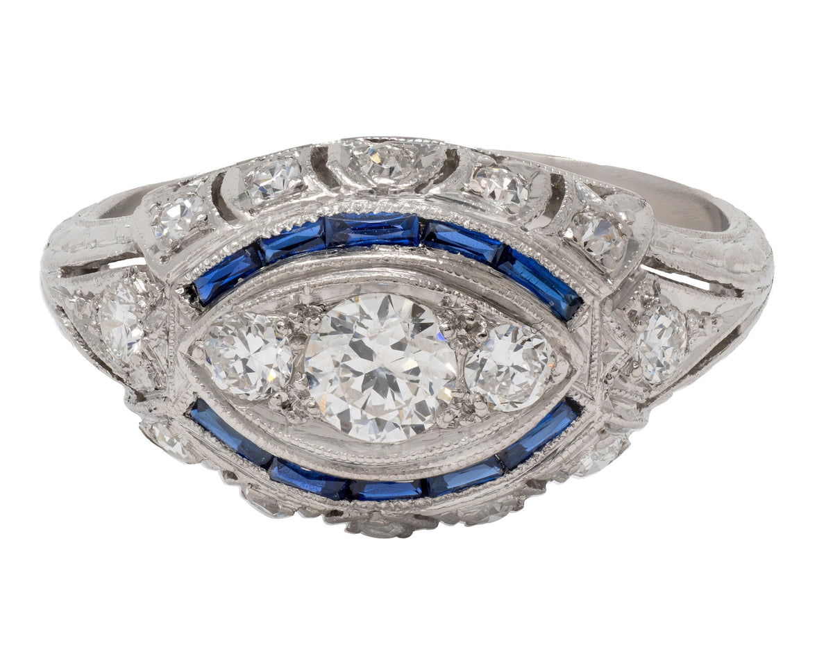 Katz Ogush Art Deco European Diamond Platinum Vintage Foliate Bombé Dinner Ring