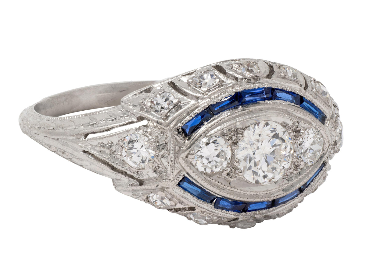 Katz Ogush Art Deco European Diamond Platinum Vintage Foliate Bombé Dinner Ring