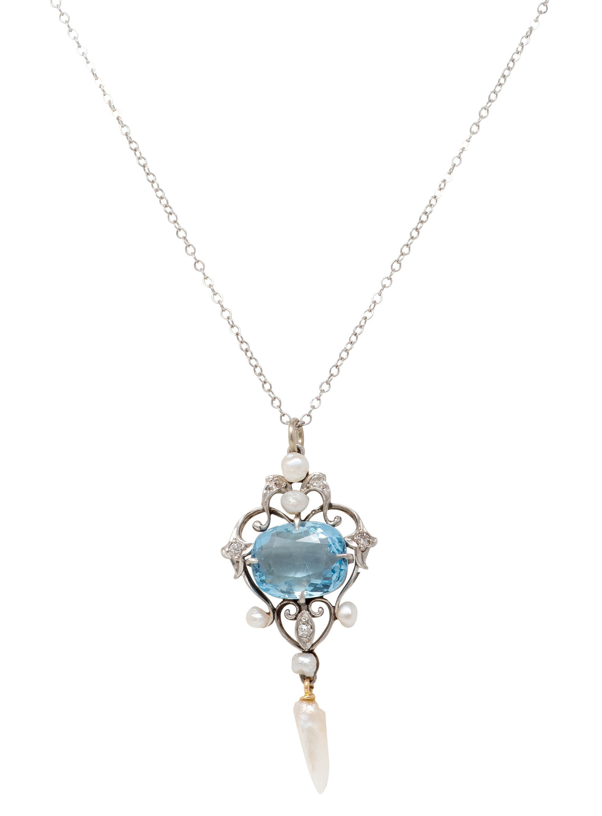 Art Nouveau Aquamarine Diamond Pearl 14K Gold Platinum Antique Heart Necklace