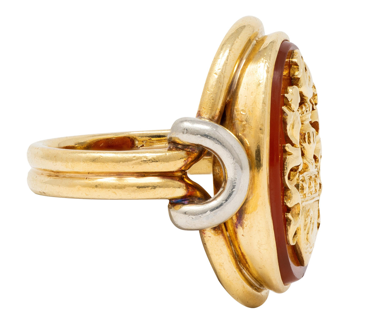 Edwardian Carnelian 18 Karat Two-Tone Gold Antique Heraldic Crest Signet Ring