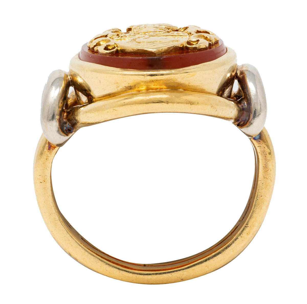 Edwardian Carnelian 18 Karat Two-Tone Gold Antique Heraldic Crest Signet Ring