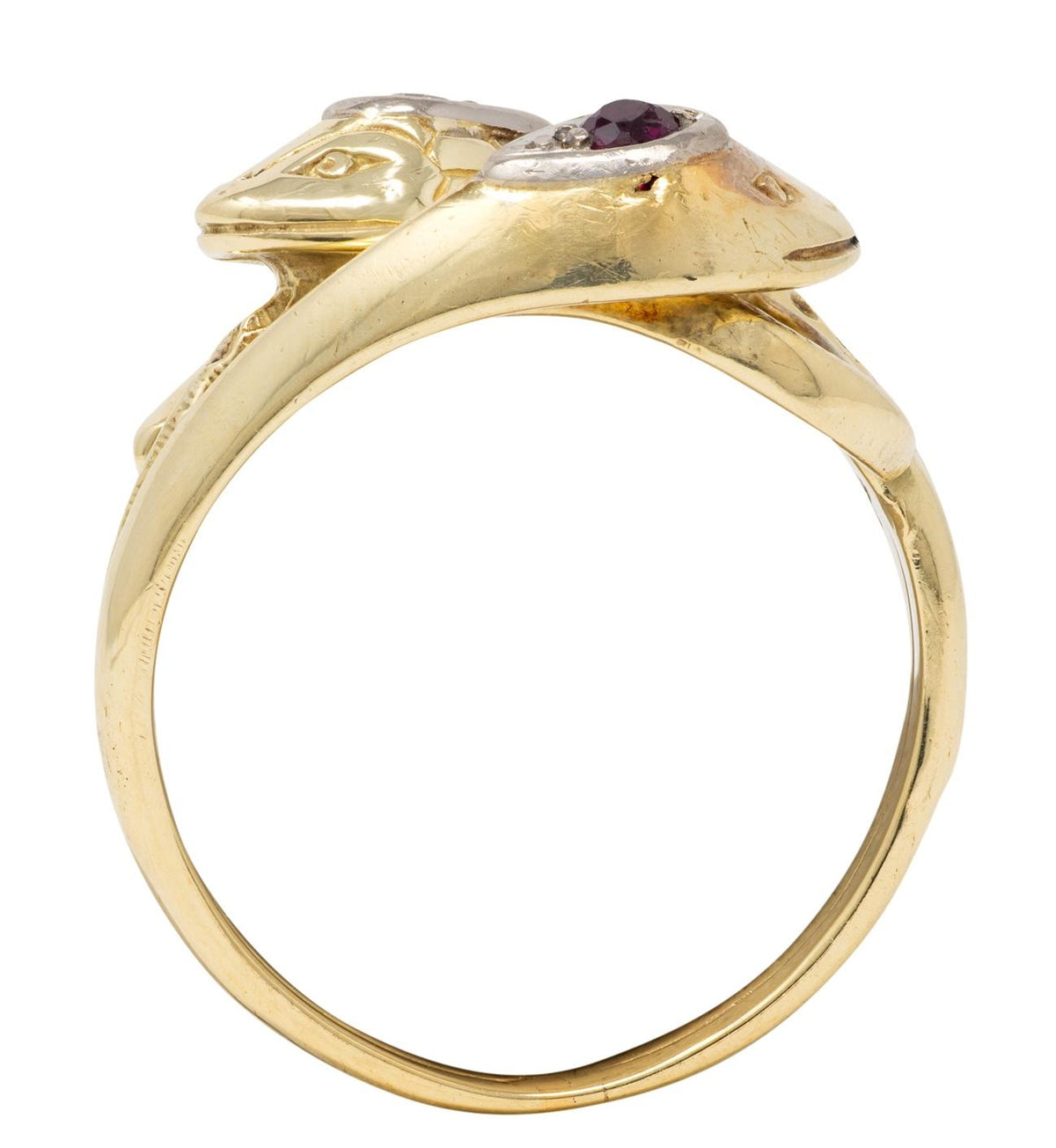 Vintage Ruby Diamond 14 Karat Two-Tone Gold Lovers Knot Unisex Snake Band Ring