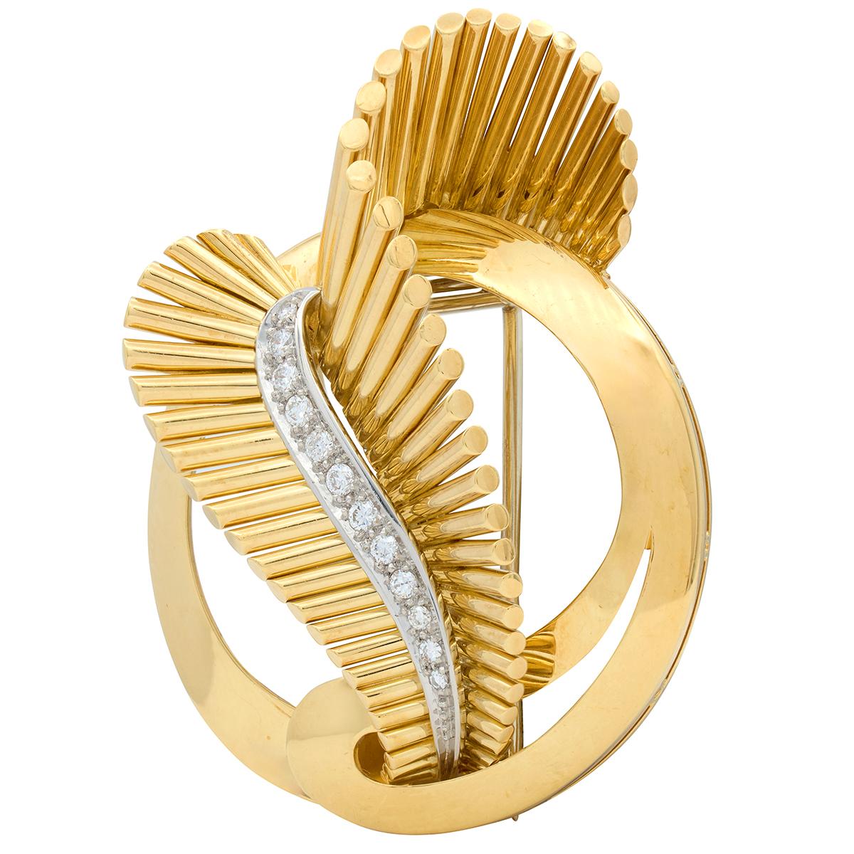 Gubelin Mid-Century Diamond 18 Karat Yellow Gold Platinum Vintage Scroll Brooch