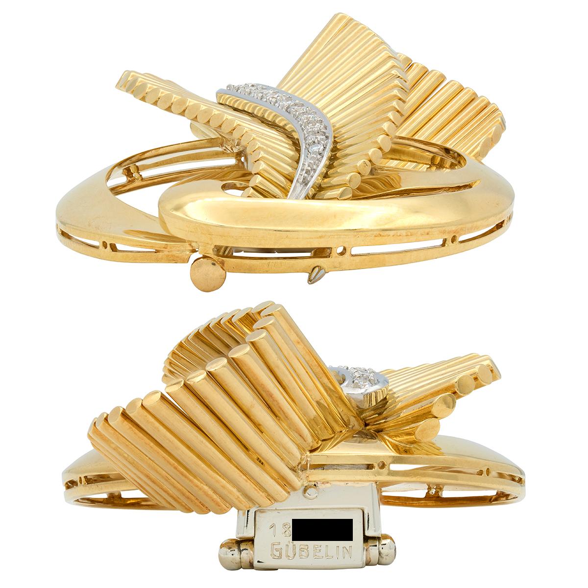 Gubelin Mid-Century Diamond 18 Karat Yellow Gold Platinum Vintage Scroll Brooch