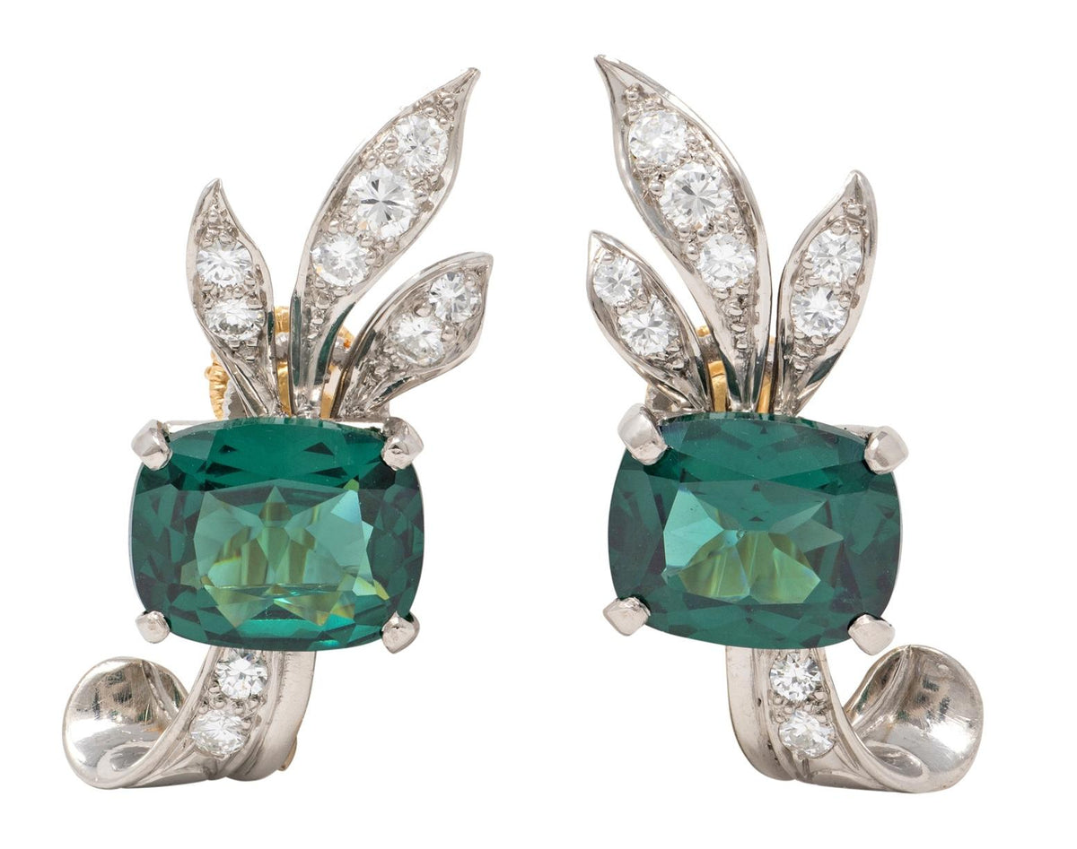 Tiffany & Co. 1940's Tourmaline Diamond Platinum 18 Karat Gold Vintage Earrings