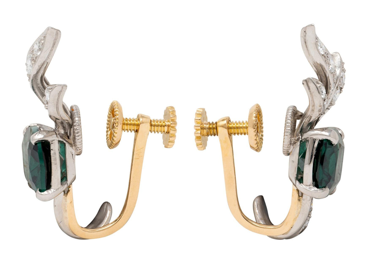 Tiffany & Co. 1940's Tourmaline Diamond Platinum 18 Karat Gold Vintage Earrings