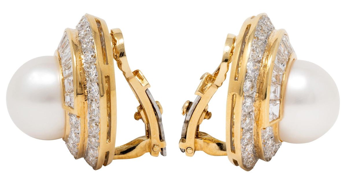 South Sea Pearl Diamond 18 Karat Yellow Gold Contemporary Ear-Clip Earrings