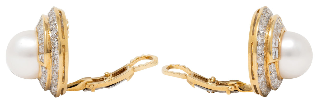 South Sea Pearl Diamond 18 Karat Yellow Gold Contemporary Ear-Clip Earrings