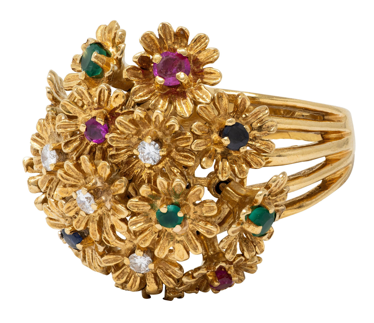 1960's Multi-Gem 18 Karat Yellow Gold Vintage En Tremblant Flower Ring