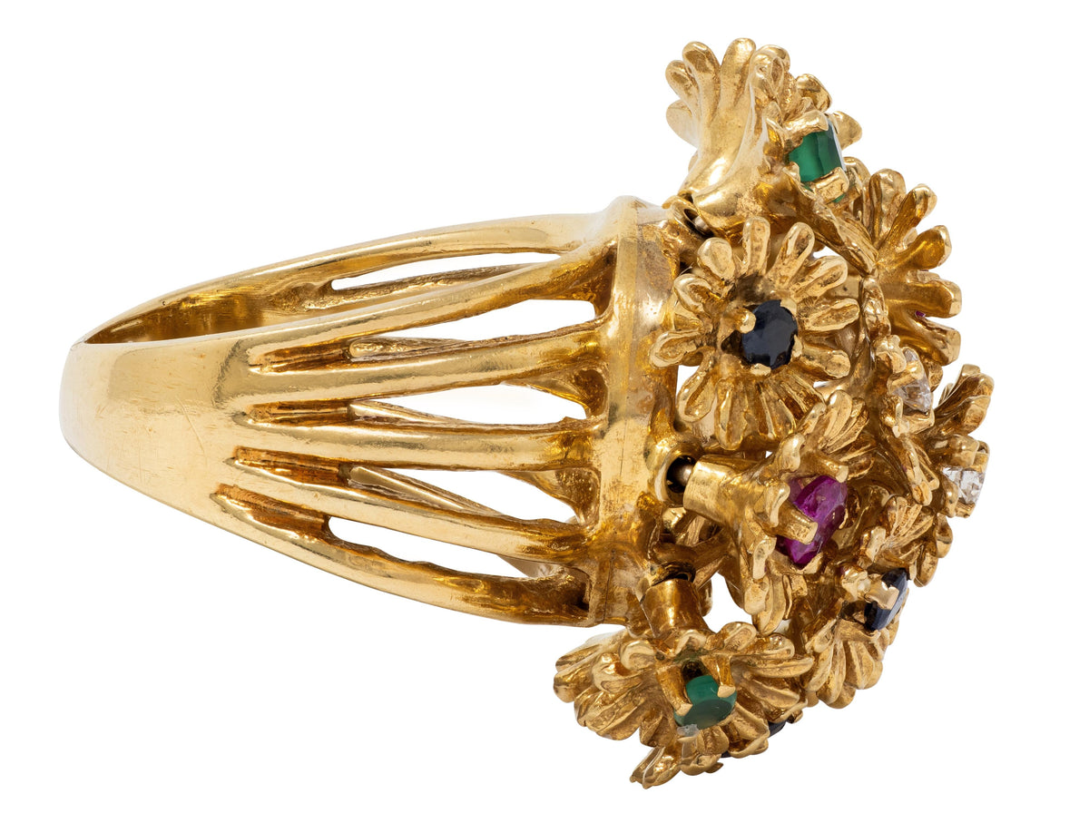 1960's Multi-Gem 18 Karat Yellow Gold Vintage En Tremblant Flower Ring