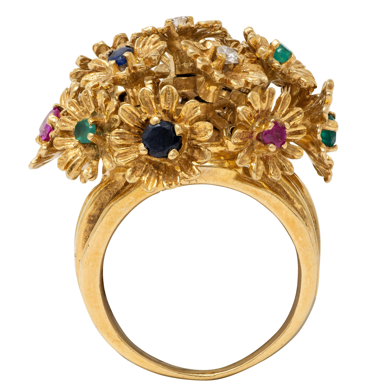 1960's Multi-Gem 18 Karat Yellow Gold Vintage En Tremblant Flower Ring