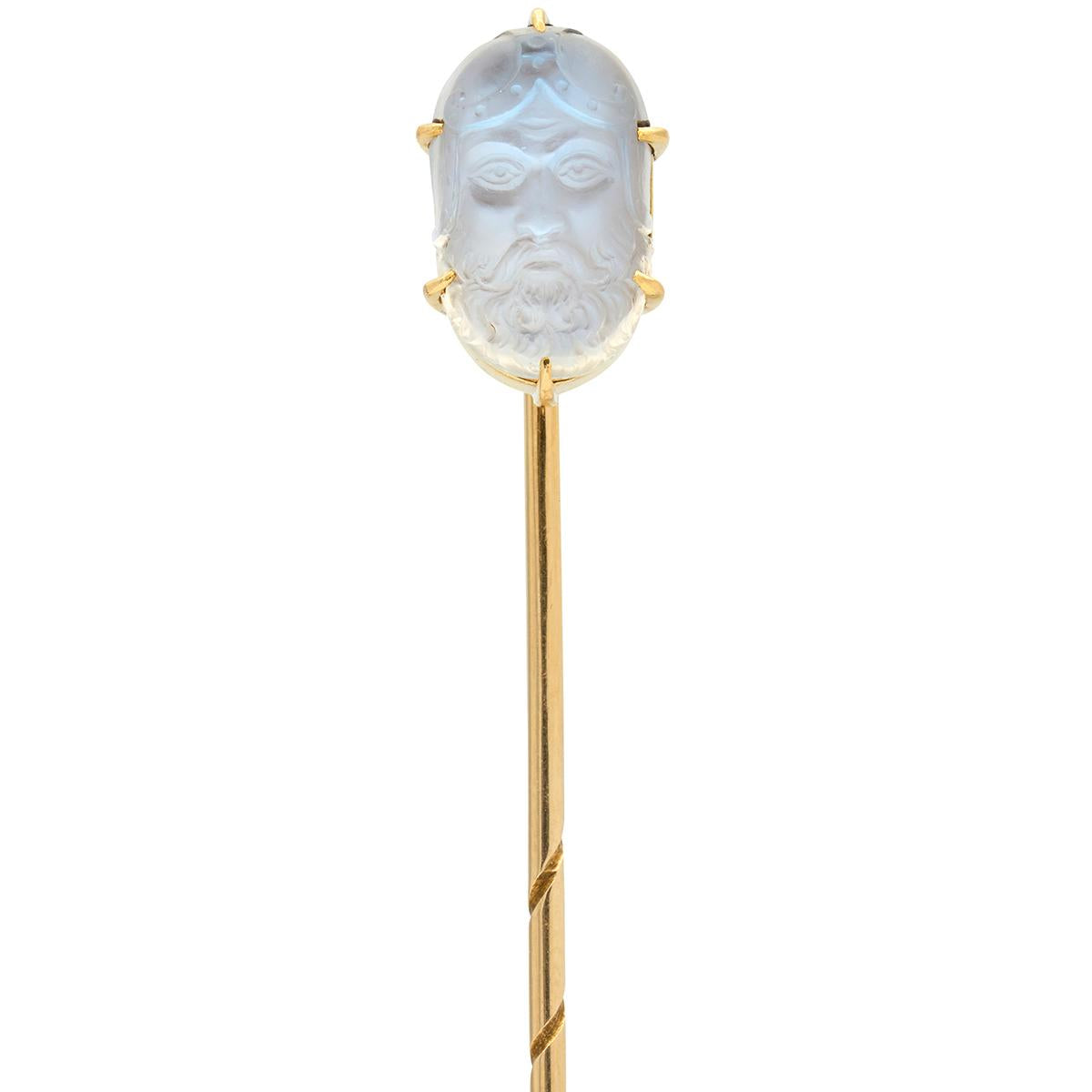 Victorian Carved Cameo Moonstone 14 Karat Yellow Gold Antique Warrior Stickpin