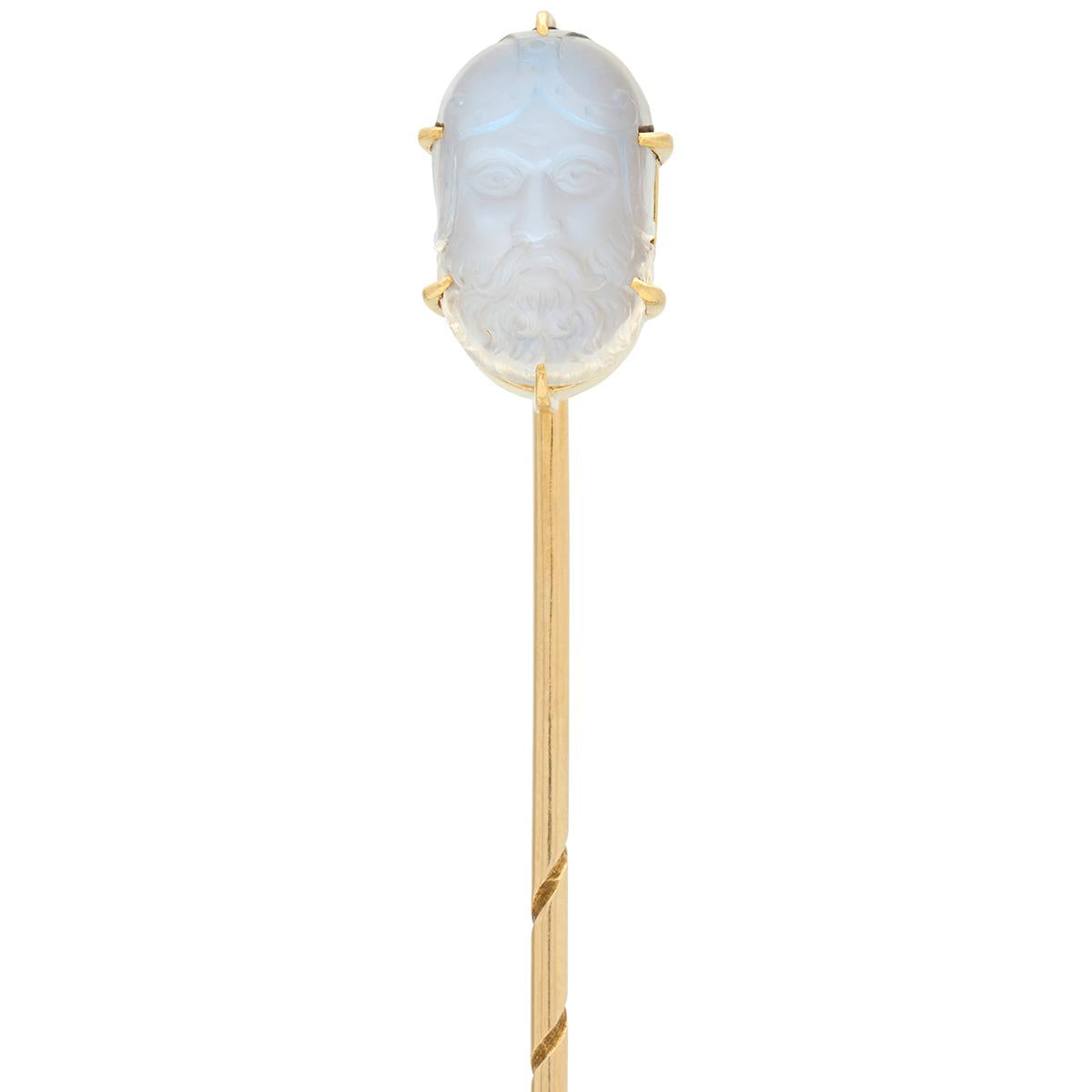 Victorian Carved Cameo Moonstone 14 Karat Yellow Gold Antique Warrior Stickpin