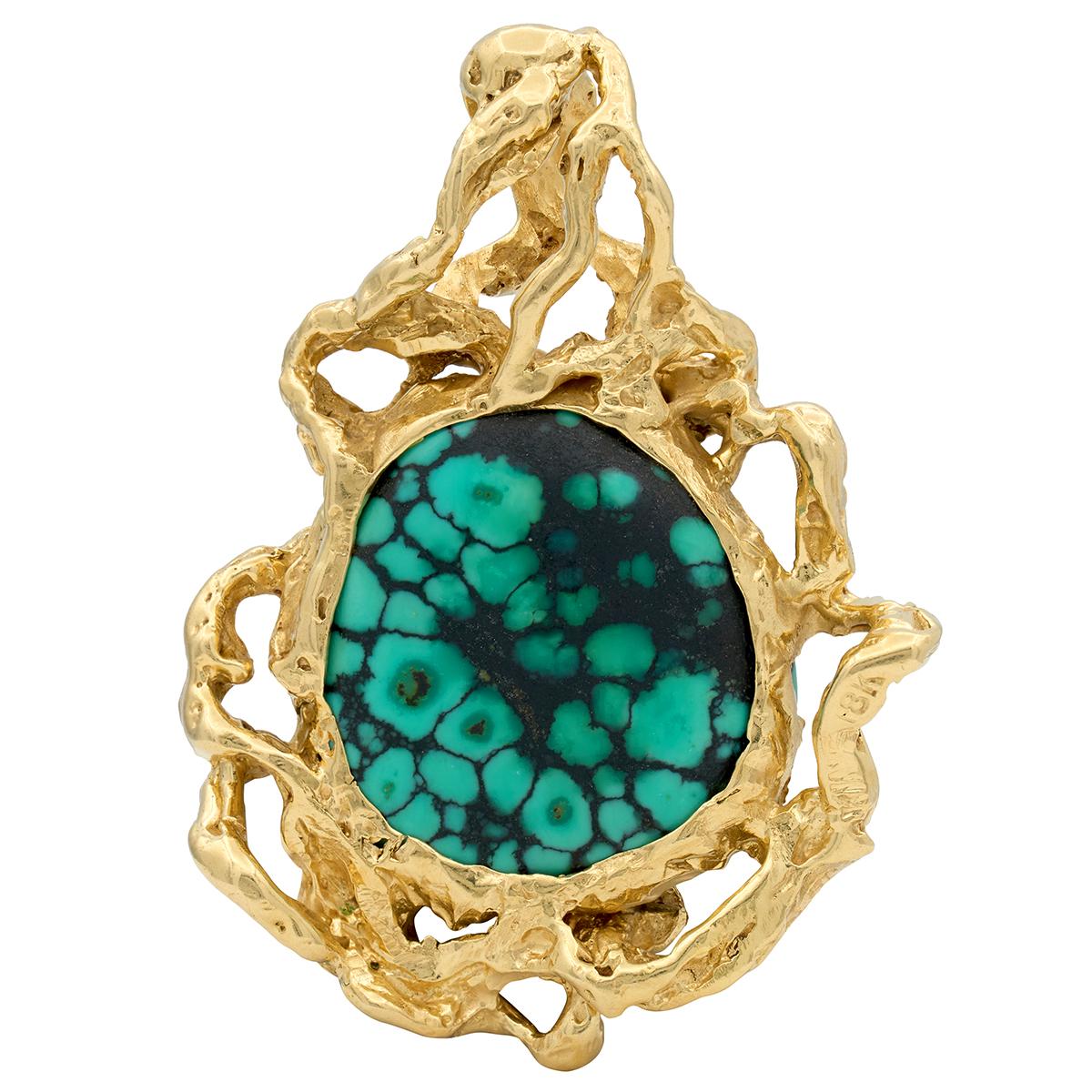 Arthur King 1970's Turquoise 18 Karat Yellow Gold Vintage Brutalist Pendant