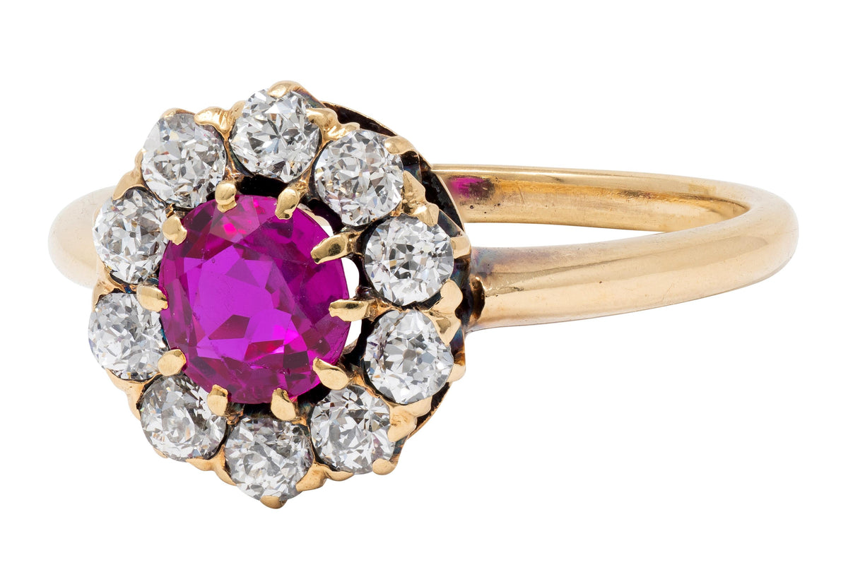 Victorian 1.25 CTW Pink Sapphire Diamond 14 Karat Yellow Gold Antique Halo Ring