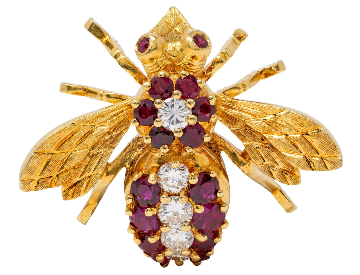 Herbert Rosenthal 1960s Ruby Diamond 18 Karat Yellow Gold Vintage Bee Bug Brooch