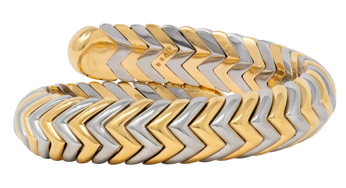 Bulgari 18K Yellow Gold Stainless Steel Spiga Chevron Vintage Bangle Bracelet