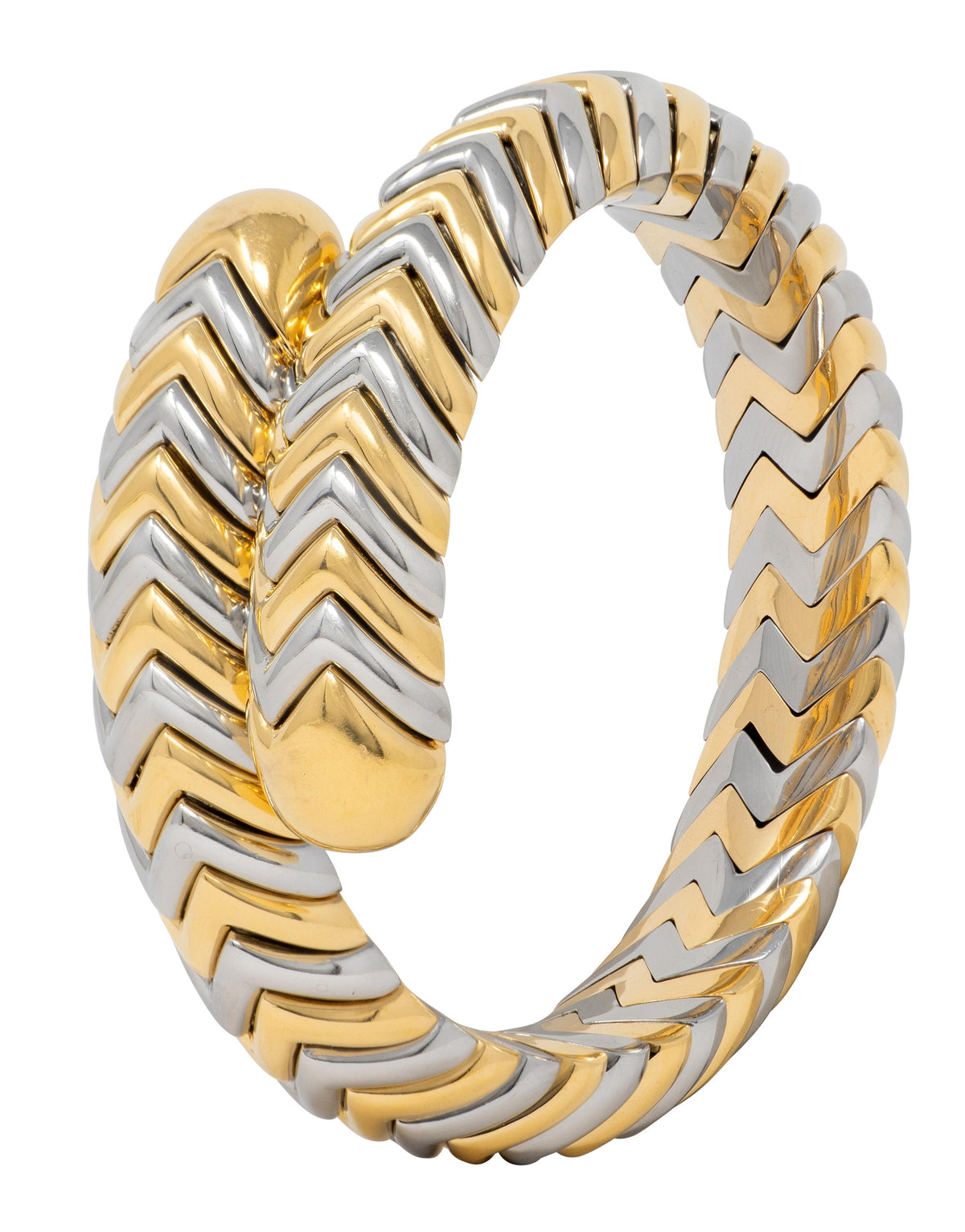 Bulgari 18K Yellow Gold Stainless Steel Spiga Chevron Vintage Bangle Bracelet