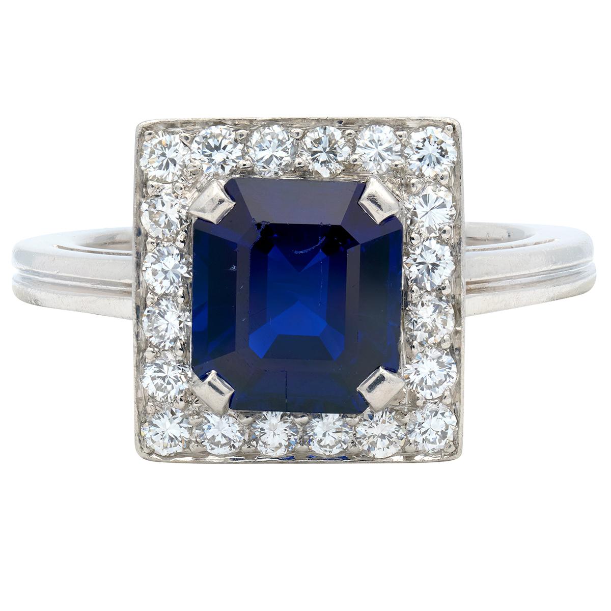 Tiffany & Co. Mid-Century No Heat Sapphire Diamond Platinum Vintage Halo Ring
