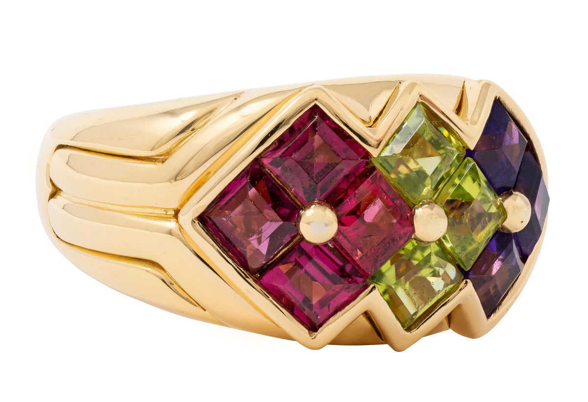 Bulgari 1980 Amethyst Peridot Tourmaline 18K Yellow Gold Vintage Statement Ring