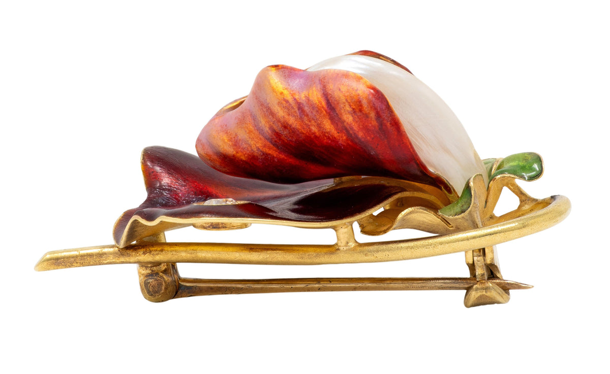 Bippart & Co. Art Nouveau Diamond Enamel Pearl 14K Gold Antique Flower Brooch