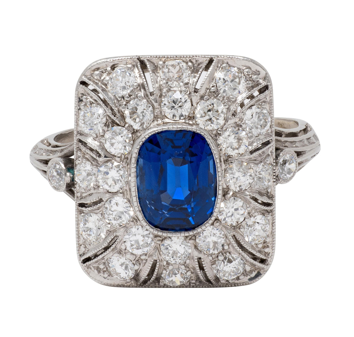Edwardian Sapphire Diamond Platinum Scrolling Filigree Antique Dinner Ring