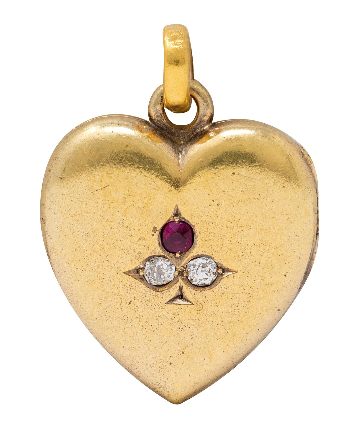 Victorian Ruby Diamond 18 Karat Yellow Gold Antique Clover Heart Locket Pendant
