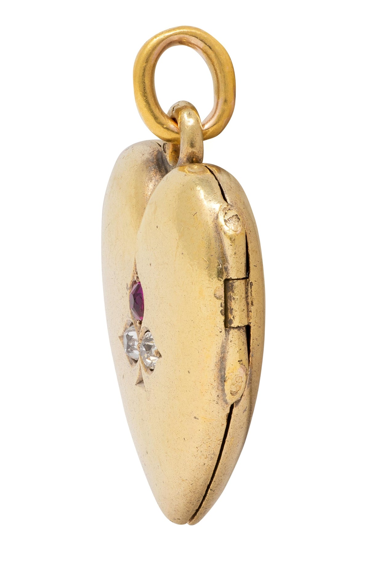 Victorian Ruby Diamond 18 Karat Yellow Gold Antique Clover Heart Locket Pendant