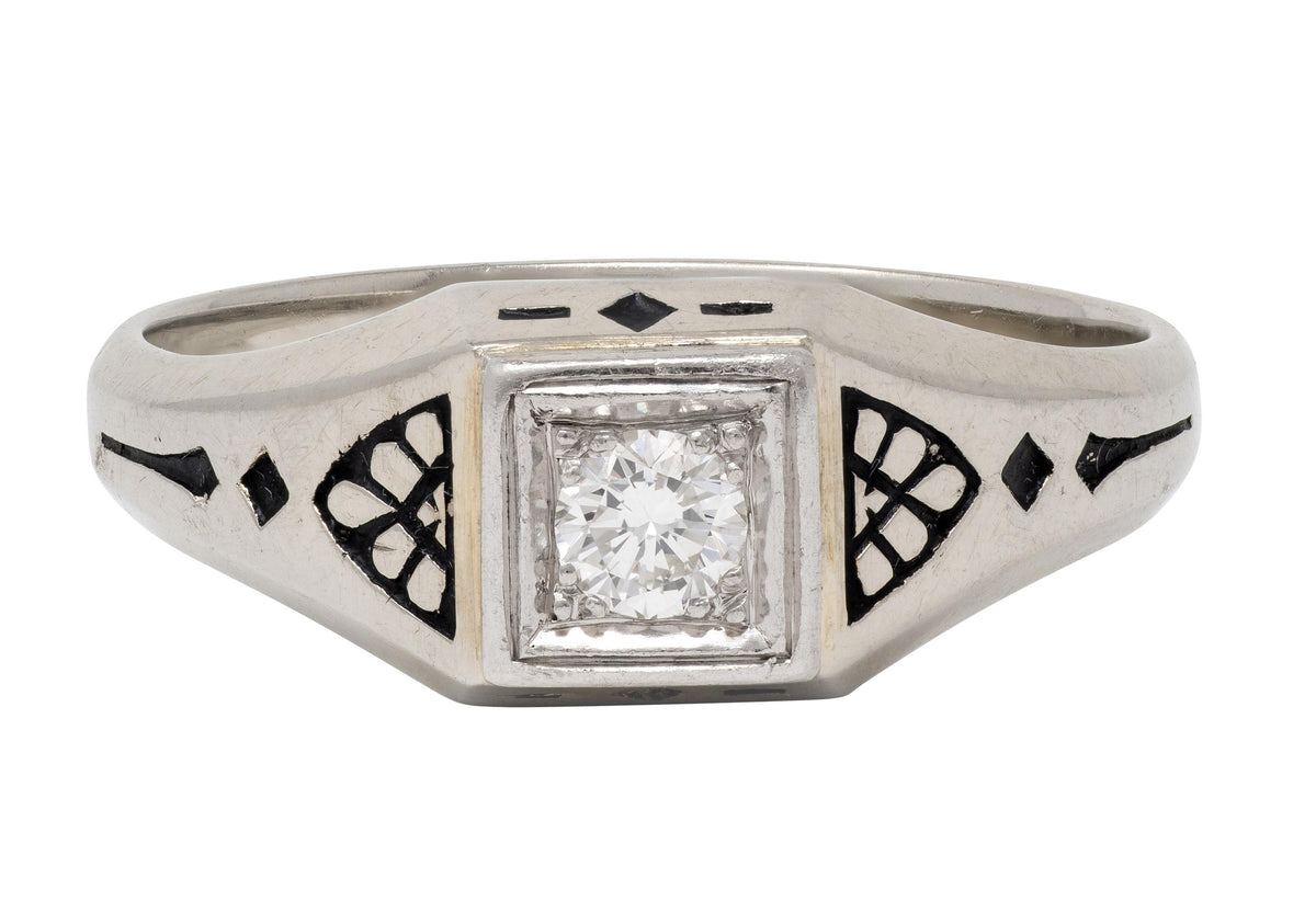 Bailey Banks & Biddle Art Deco Diamond Enamel 19K Gold Vintage Engagement Ring