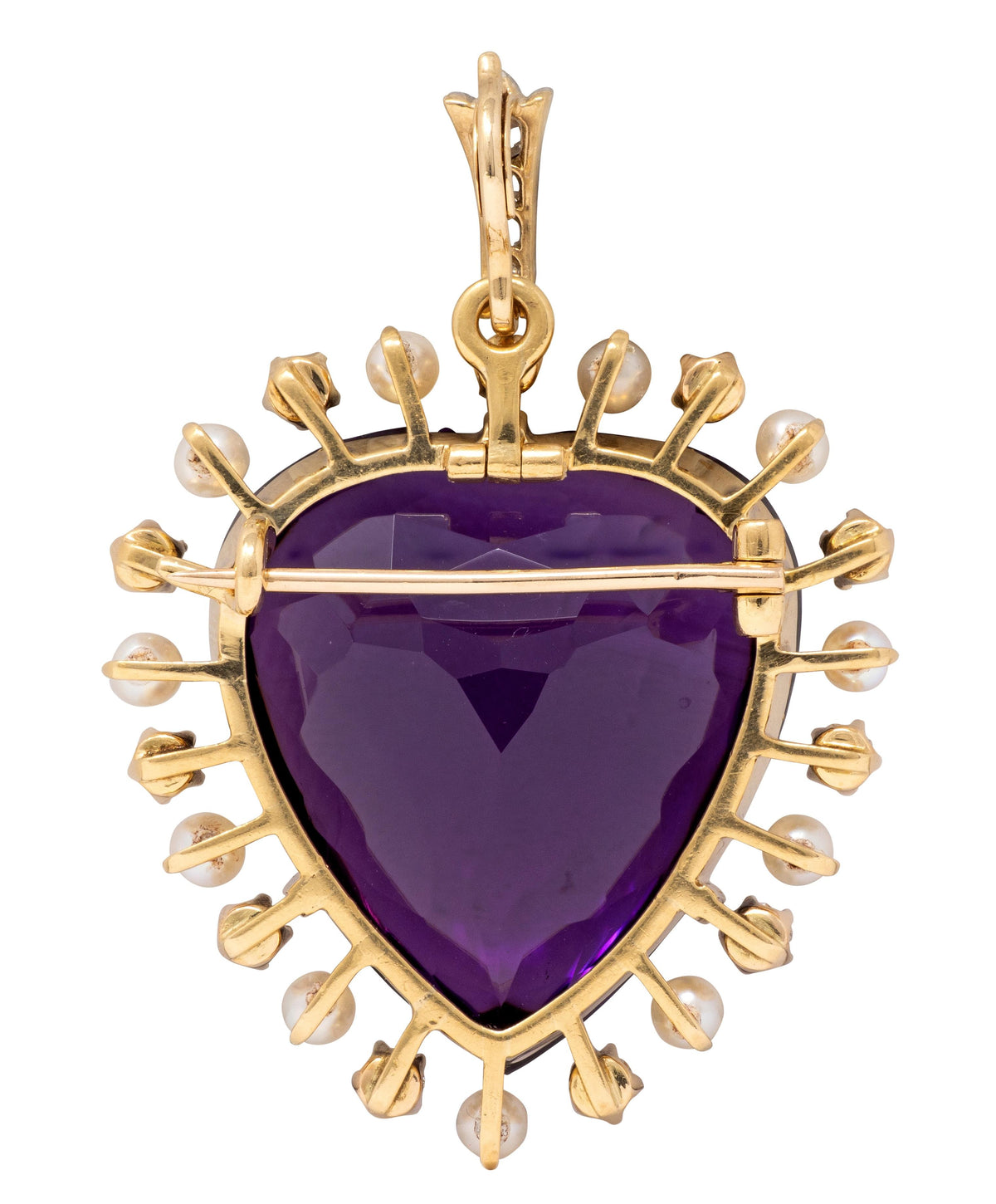 Victorian Amethyst Diamond Pearl 18K Gold Platinum Antique Heart Pendant Brooch