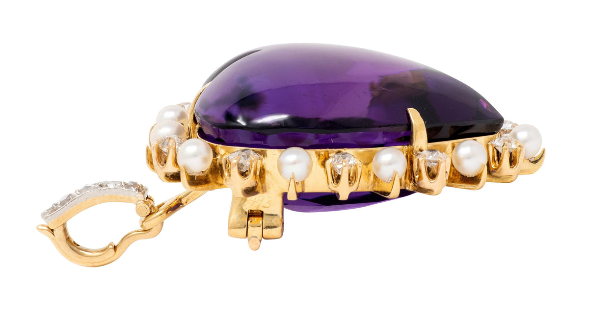 Victorian Amethyst Diamond Pearl 18K Gold Platinum Antique Heart Pendant Brooch