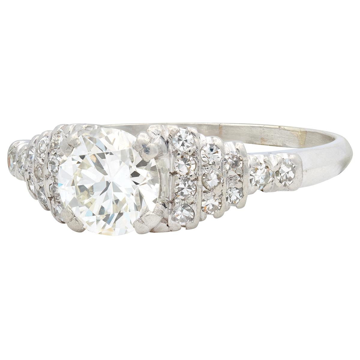 Mid-Century Old European Cut Diamond Platinum Stepped Fishtail Engagement Ring