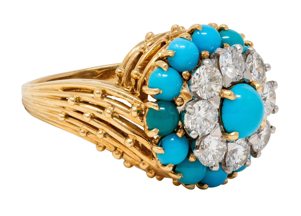 Cartier Paris 1960's Turquoise Diamond Platinum 18K Gold Vintage Cluster Ring