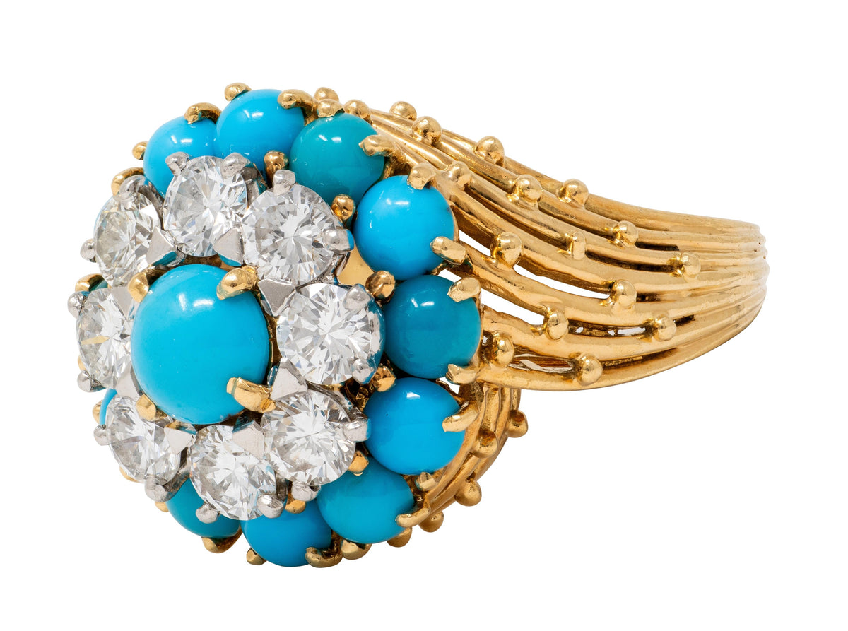 Cartier Paris 1960's Turquoise Diamond Platinum 18K Gold Vintage Cluster Ring